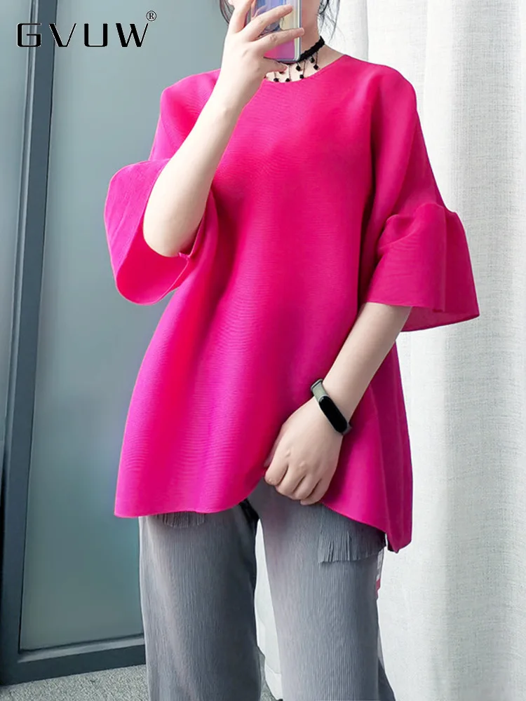 GVUW High Elastic Pleated Blouse For Women 2024 Spring New O-neck Flare Sleeve Loose Casual Female Solid Color Clothing 17J1682