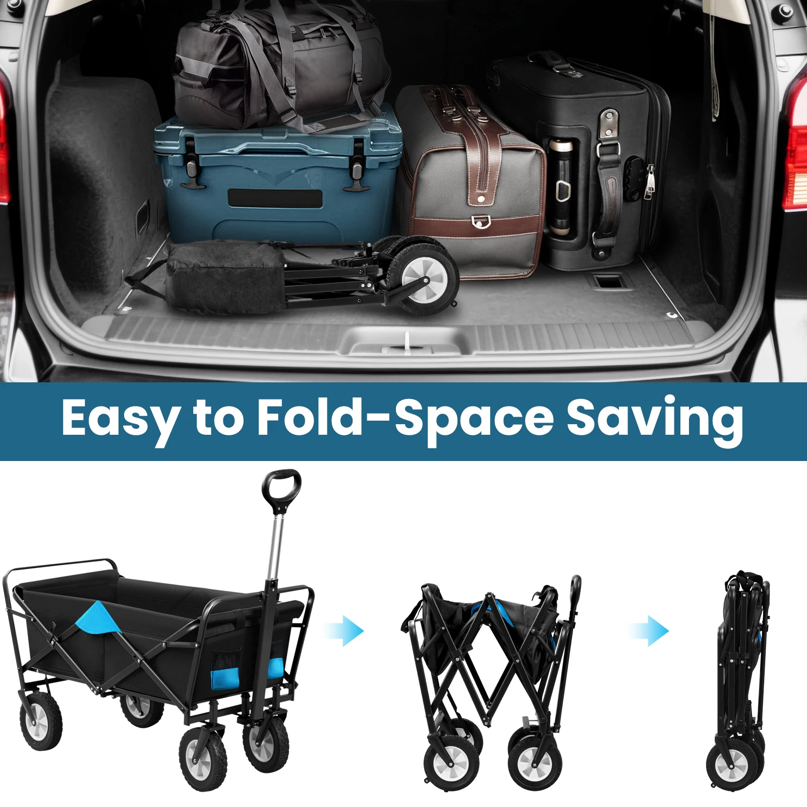 EUGAD Faltbarer 600D Oxford Camping-Trolley mit Griff/Rädern, Klappbarer Picknick- und Strandwagen für Outdoor und Garten – Detail 15