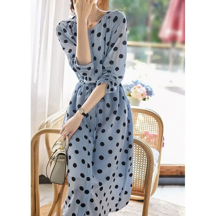 

French polka dot versatile mulberry silk dress temperament high sense medium and long skirt summer four season green women