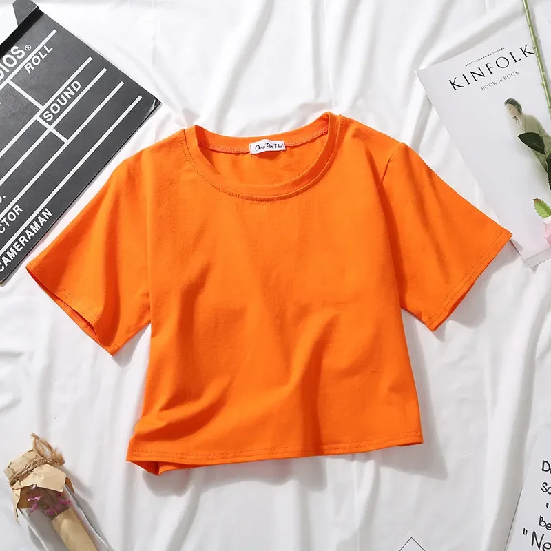 2025 Summer Short Sleeve T Shirts Women Cotton Solid T-shirt  O Neck High Waist Crop Top Tee Female Casual Loose  T Shirt