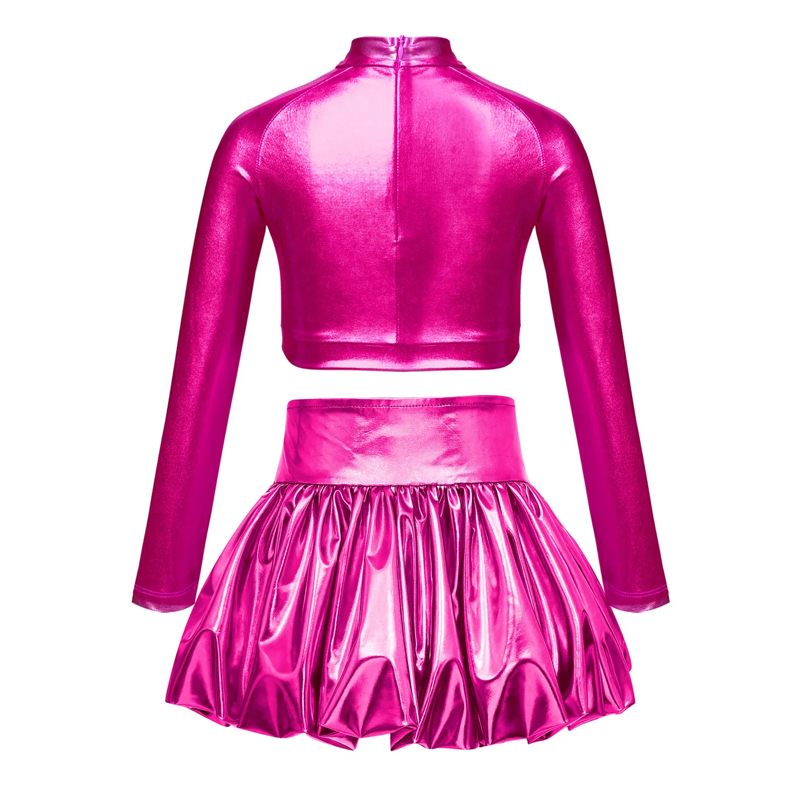 Kids Girls 70s Disco Costume Outfit Long Sleeve Shiny Sequin Crop Top with Metallic Bubble Skirt Cheerleading Jazz Performance