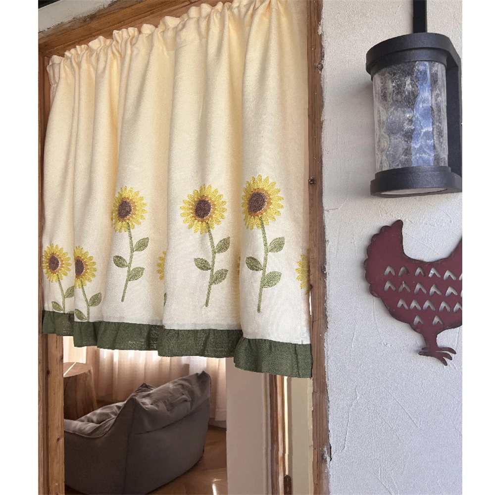 Valance Short Window Curtain Rod Pocket Kitchen Curtains Retro Sunflower Embroidery Farmhouse Rustic Cafe Home Decoration 1pc