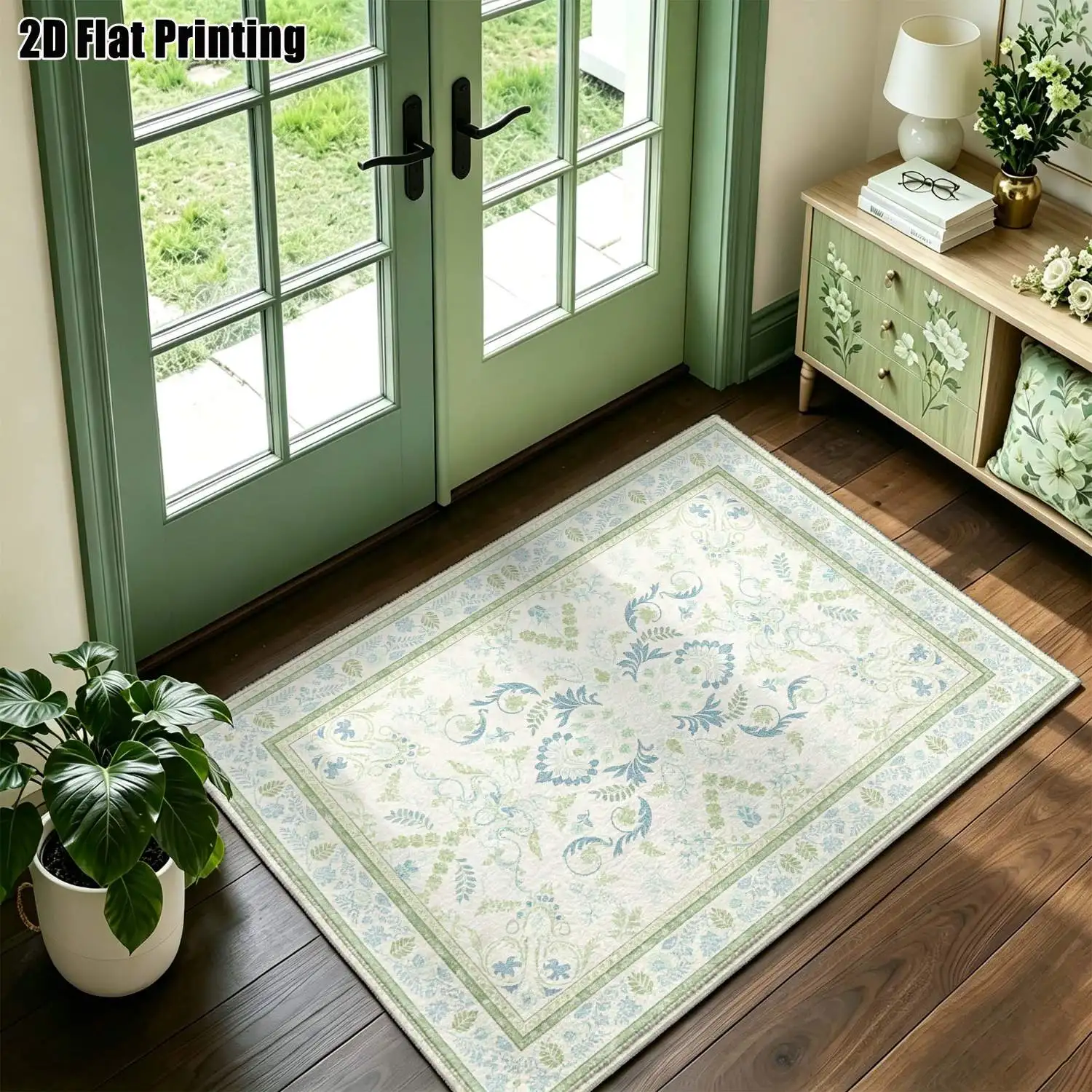 1Pc 2D Printed Carpet: Fresh Blue-Green Floral Vine Patterns, Nordic Modern Minimalist European Style, Ideal Home Decor, Multiple Sizes, Machine Washable, Suitable for Entrance/Living Room/Bedroom/Dining Room/Foyer