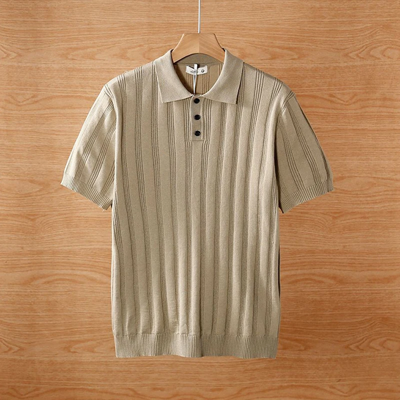 Striped Crochet Knitted Mens Polo Shirts Short Sleeve Slim Knit Polo T Shirt Spring Summer Casual Solid Color Polo Collar Tops