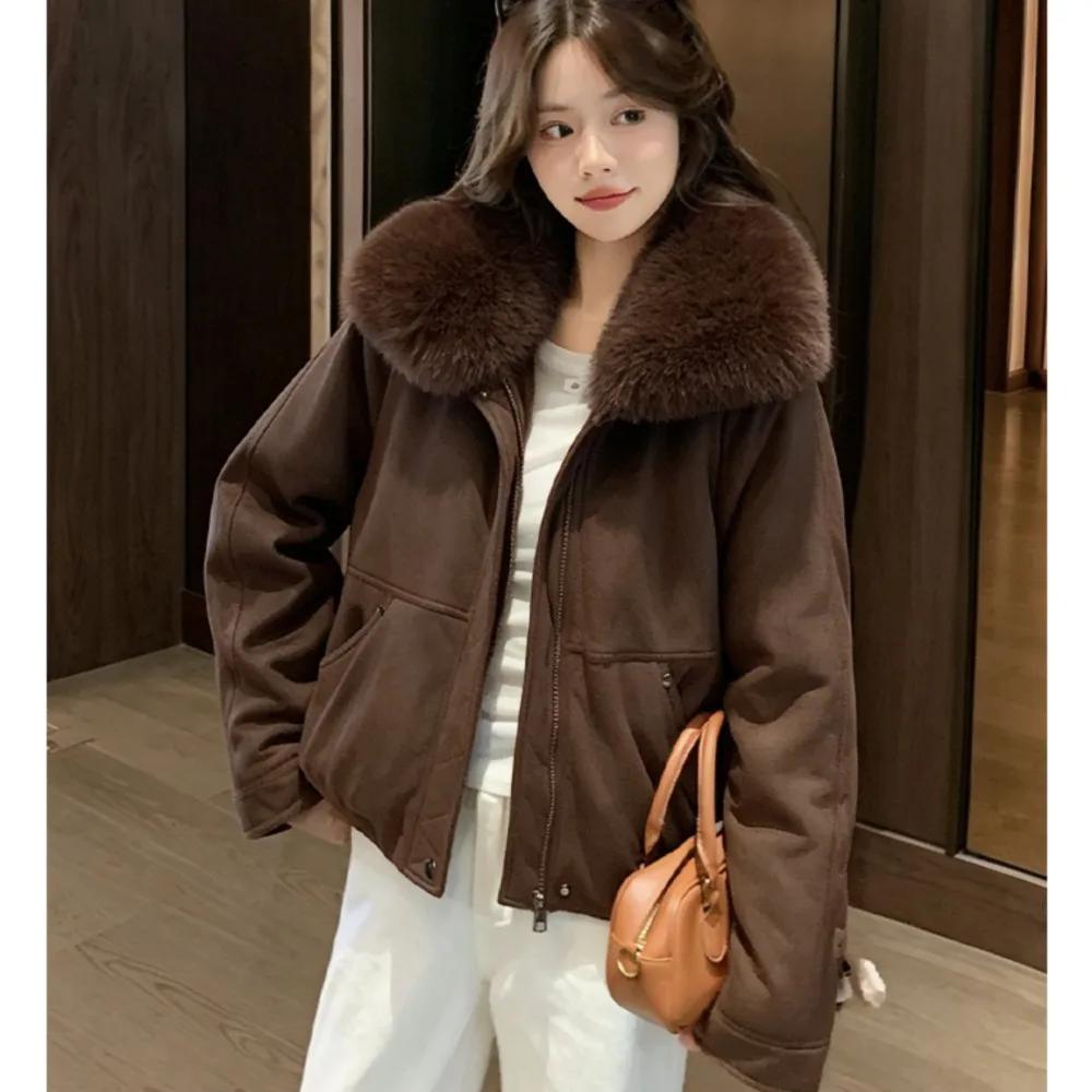 2026 Women's Winter Suede Parkas Jacket with Detachable Faux Fox Fur Collar Thickened Short Coat Ladies Elastic Hem And Pockets