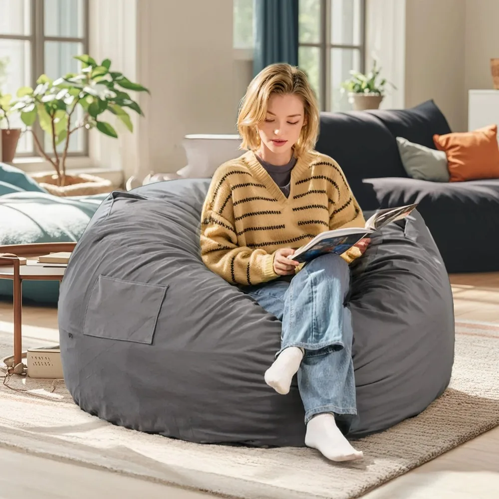 

3FT Comfy Bean Bag Chair for Adults, Lounger with Removable Plush Cover, Dark Gray Filled with high-density shredded foam