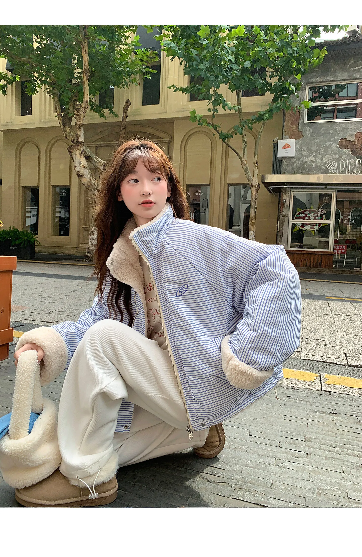 Korean Women's Reversible Striped Jacket Autumn Winter Stand Collar Fleece Lined Padded Coats Woman Loose Casual Plush Jackets