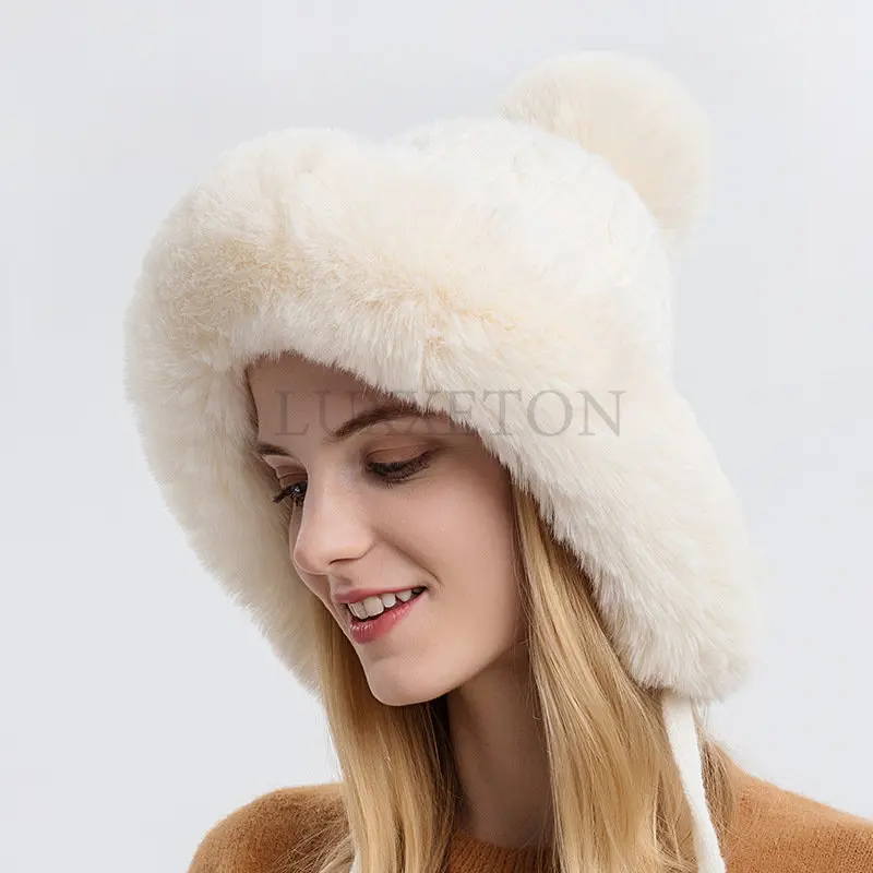 Winter Warm Knitting Hat Fur Women\'s Hat with Earmuffs Double Ball Outdoor Thickened Plush Fluffy World Hat New Product