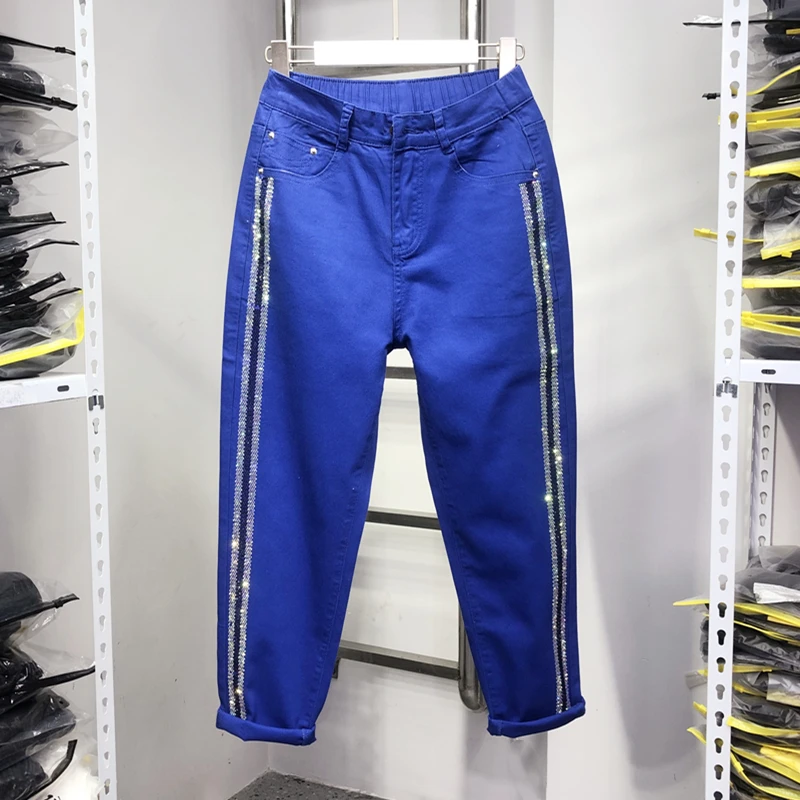 Multicolour Water Drill Spring Summer Women Denim Trousers Candy Color Stretch All-match High Waist Ankle-length Harem Jeans