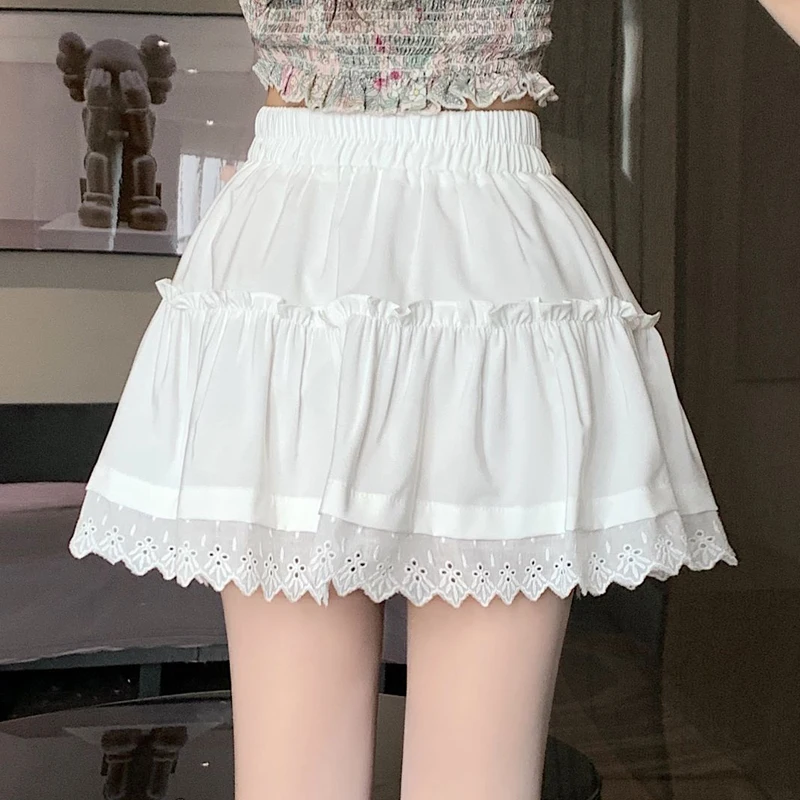 White Lace Pleated Skirt Women Japanese Kawaii Clothing Lace Patchwork Cake Mini Skirts 2024 Summer New Beach Style A-line Saias