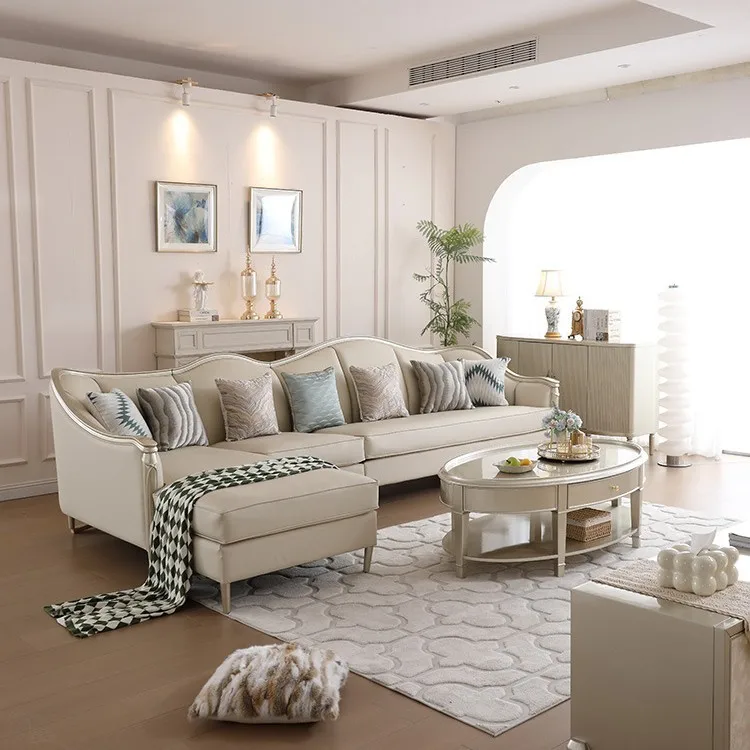 *& Light Luxury American/French Style Solid Wood L-shape Corner Sofa Set Sponge Filled Leather Cover For Small Living Room