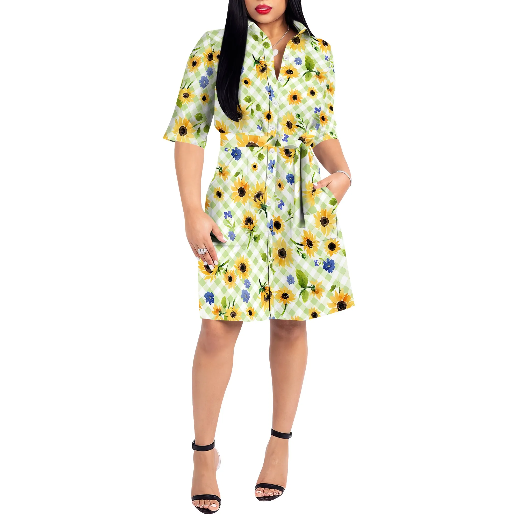 Vestido Nupusa com estampa de girassol para mulheres, tamanho padrão, verão, camisa casual, gola, meia manga