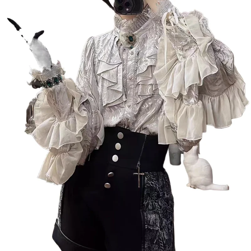 New Dark Gothic Flare Sleeve Shirt Batwing Loose Lolita Crescent Print Blouse Silver Black White Casual Fashion Women Tops
