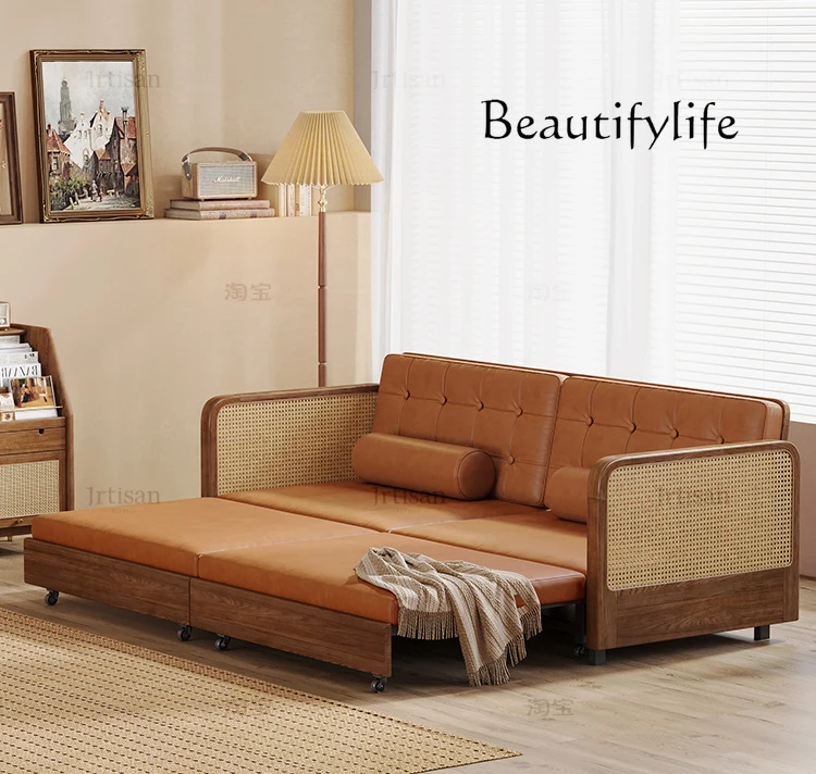 Sofa Bed Foldable Dual-Purpose Nordic Solid Wood Living Room Multi-Functional Double Small Apartment Folding Sofa