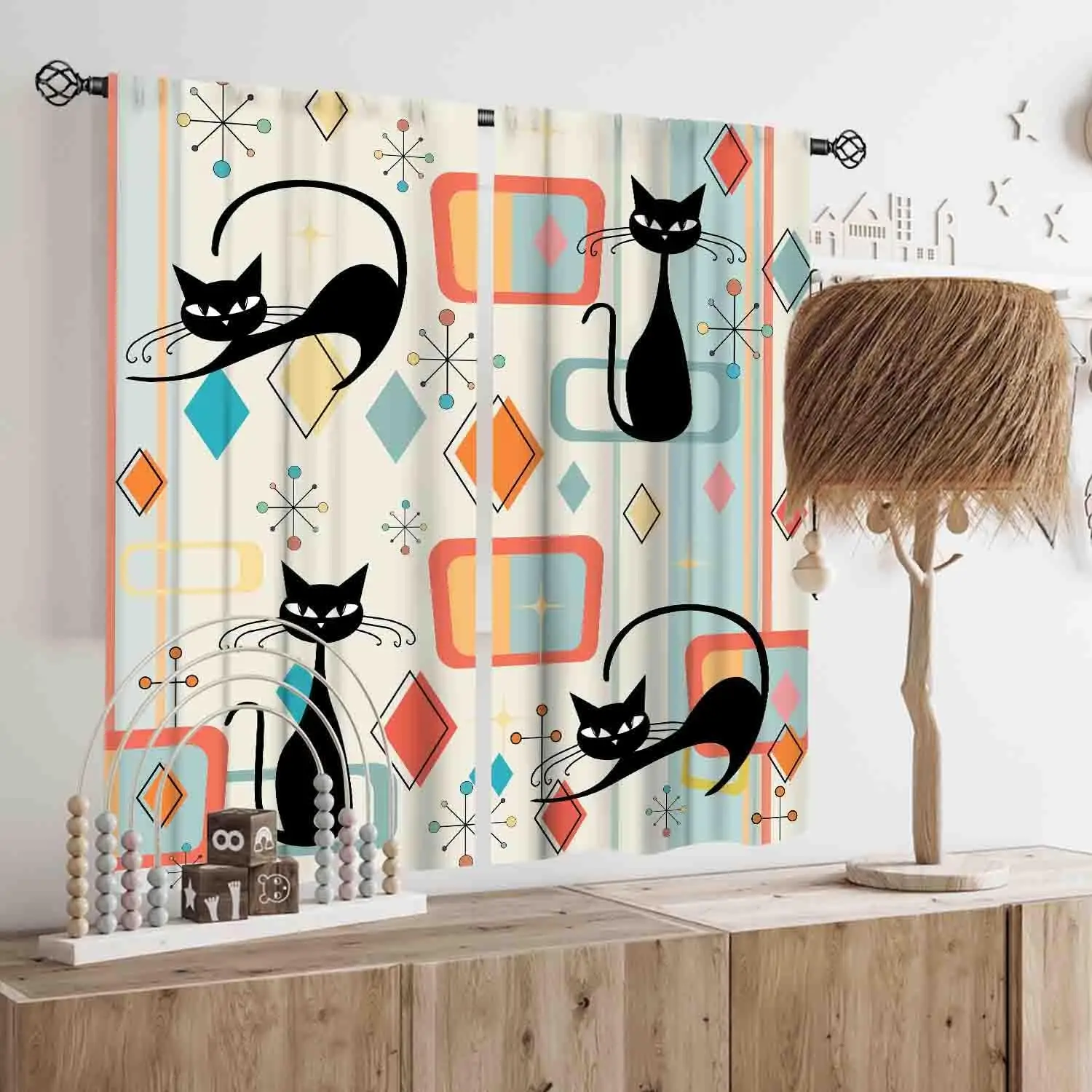 Mid Century Retro Black Cat Curtains, Color Geometric Diamond Starburst Print Window Drapes for Boho Kids Bedroom Nursery Decor
