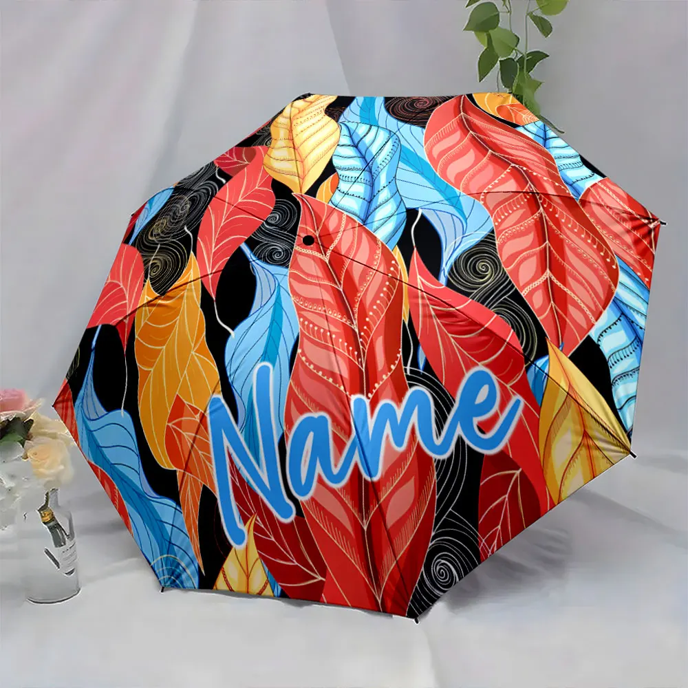 Custom Name Umbrella Bold Leaf Pattern Umbrella Print 8 Iron Ribs Folding Umbrella Auto-Open Fashion Sunshade