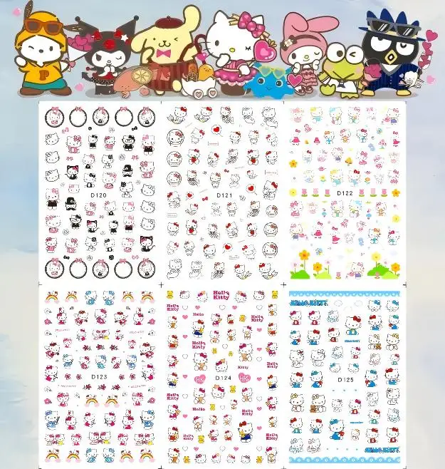 6PCS 3D Sanrio Collection Nail Stickers Japanese style Nail Art Accessorie Cute Character Print Bow Detail Kawaii Stickers