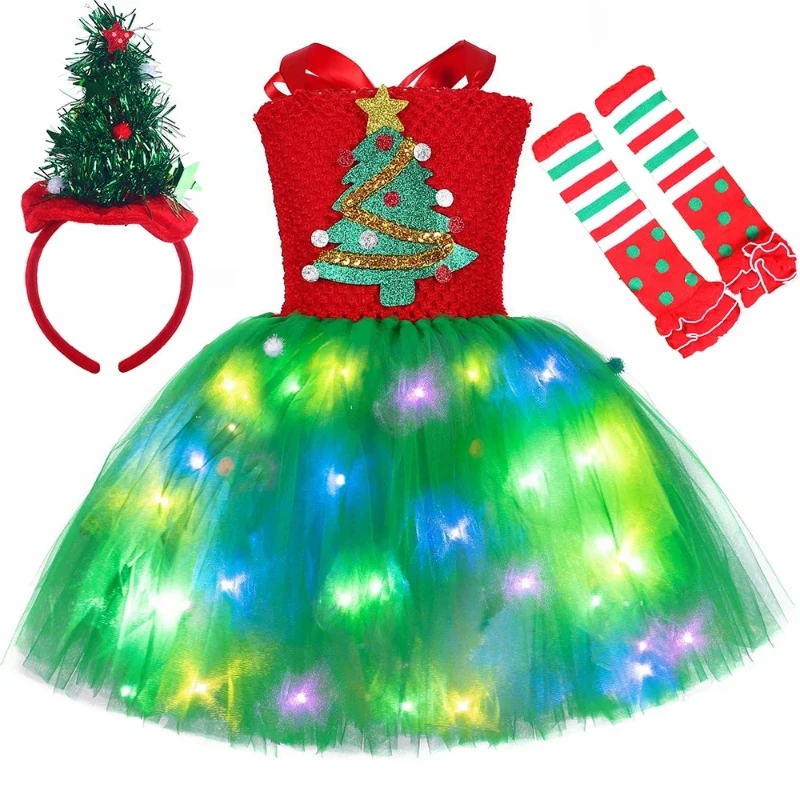 Christmas Costume for Girls LED Light Up Christmas Tree Tutu Princess Dress Clothes Baby Kids New Year Xmas Party Outfits Gift