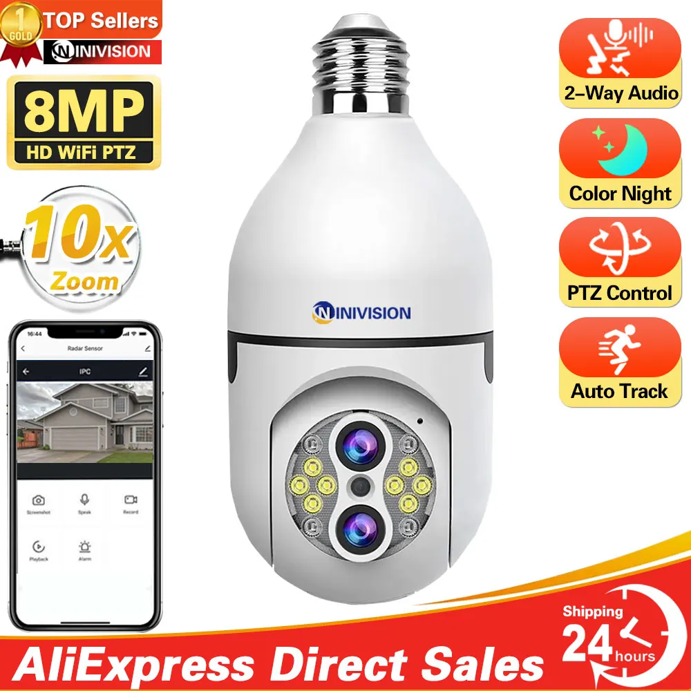 

8MP 4K E27 Bulb Camera WiFi Baby Monitor 10X Zoom Auto Tracking Indoor Video Surveillance Home Security Cam Floodlight Carecam