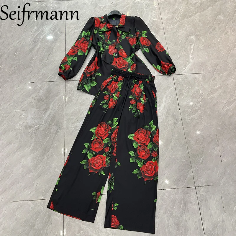 Seifrmann Casual printed silk two-piece set frenulum long-sleeved top elastic waist trousers 2026 autumn women's new style