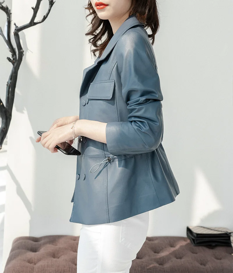 

New 2023 Leather Jacket For Women's Spring Casual Short Sheepskin Double Breasted Waist Drawstring Suit Collar Genuine Leather C
