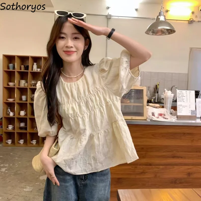 

Blouses Women Folds Simple Daily Lovely New Creativity Korean Style Ladies All-match Elegant Vintage Personality Fashion Cozy