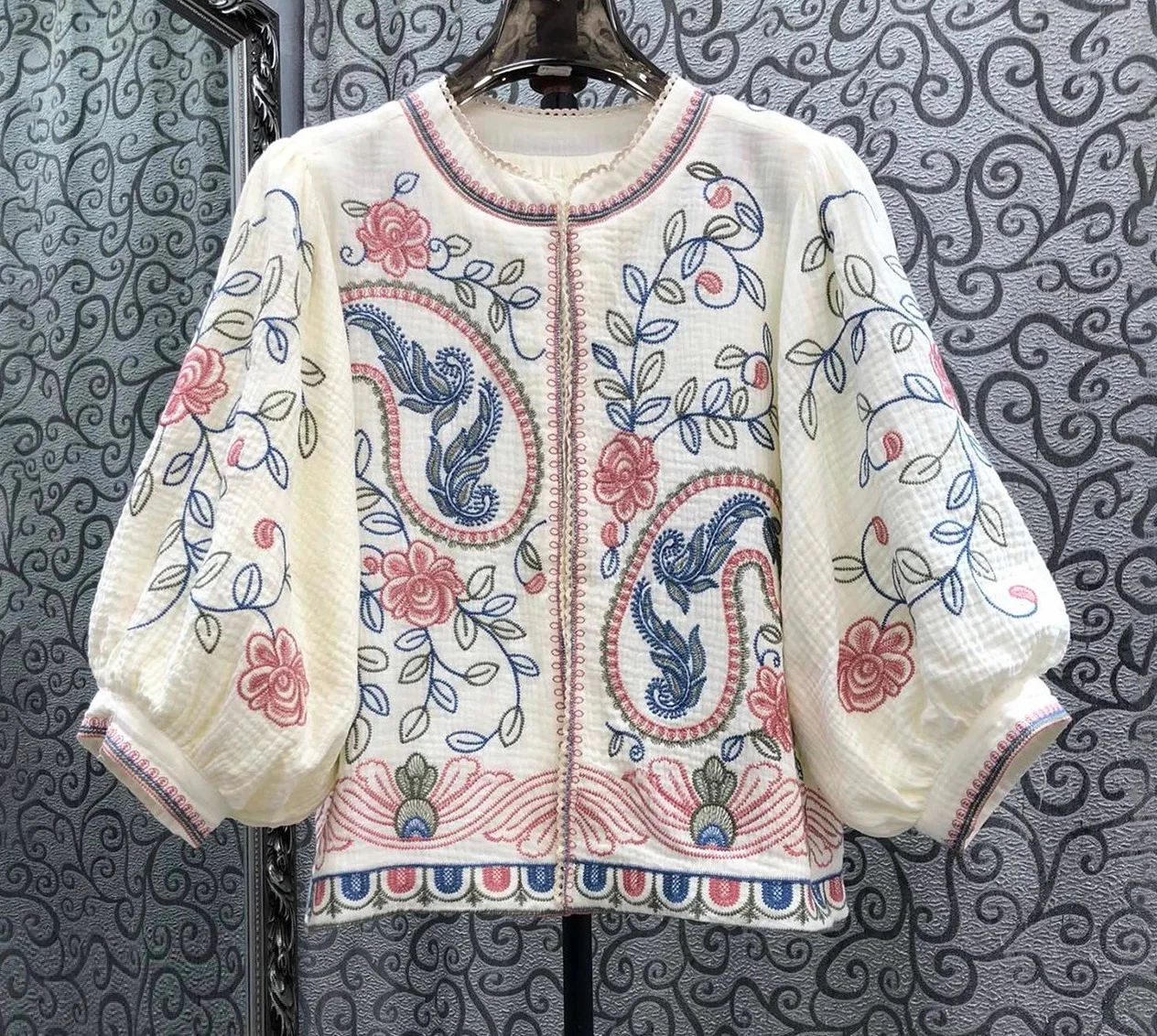 

100%Cotton Coats Outerwear 2025 Autumn Fashion Designer Clothing Women Allover Luxurious Embroidery 3/4 Sleeve Tops Coat Female