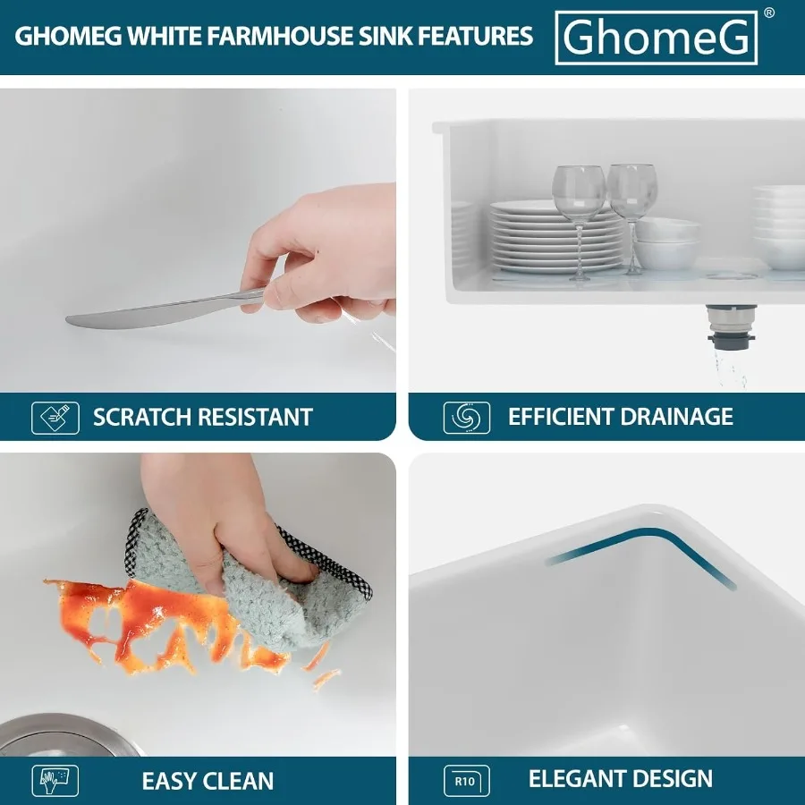 33 Inch White Farmhouse Sink with Fireclay Material 33X20X10 Inch Single Bowl Apron Front Kitchen Sink in Porcelain Ceramic Lar