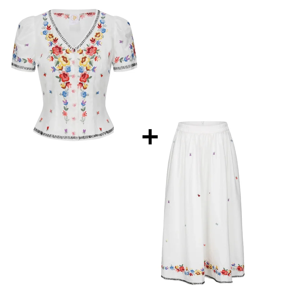 86-96cm Bust Spring Summer 2024 Women Elegant Loose Mori Kei Girl Floral Embroidered Cotton Linen Top and Skirt Sets