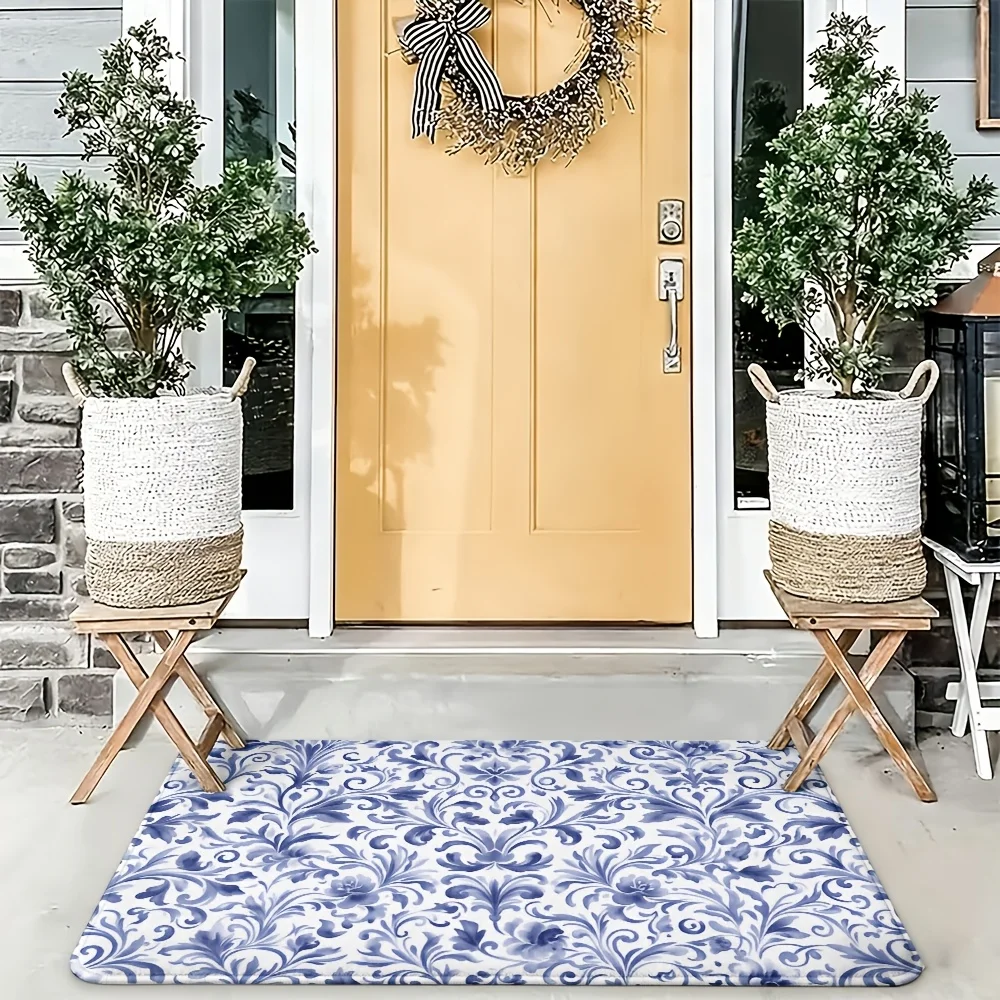 Elegant Blue and White Victorian Floral Pattern Doormat Indoor Outdoor Entryway Mat Home Decor Gift for Housewarming