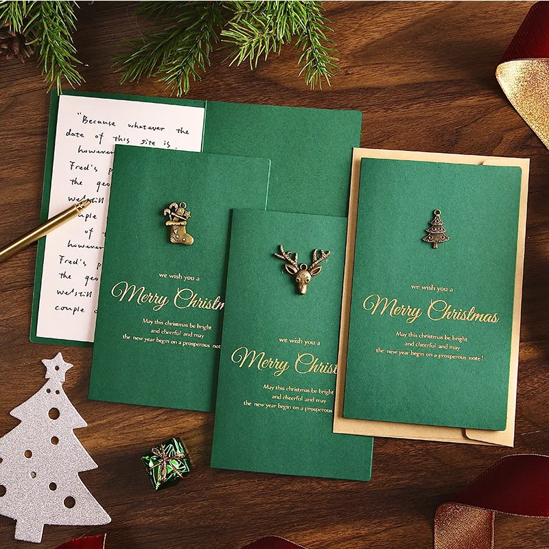 Green Christmas Greeting Cards Corporate Gift Cards Metal Accessories Birthday Wishes Small Cards with Envelopes