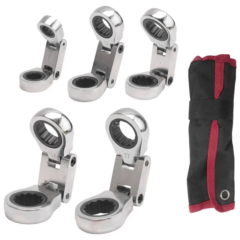 

A24F-Stubby Wrenches Set, Flex-Head Ratcheting Wrench Set Double Box End Ratchet Wrench Metric 8-19Mm 5 Pieces