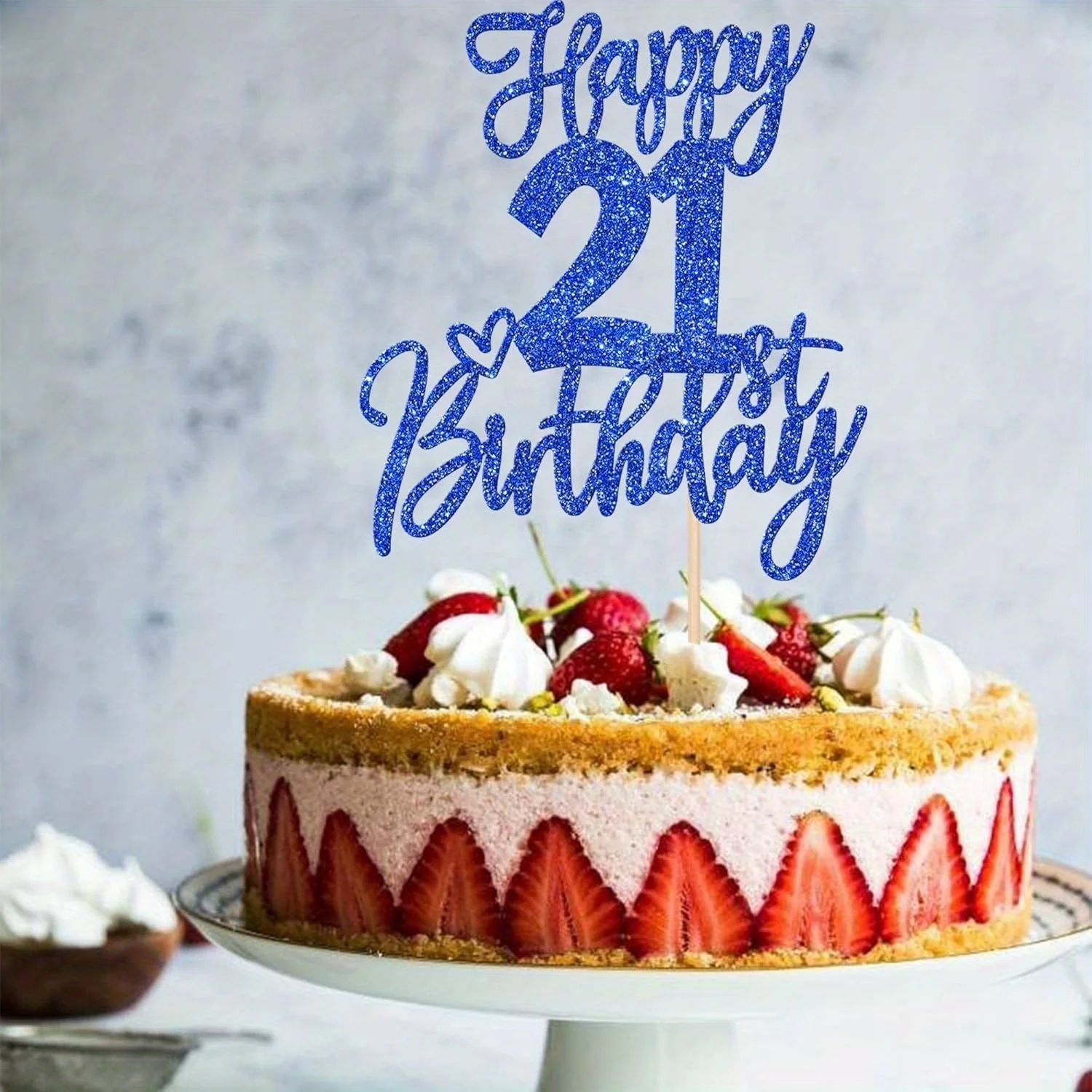 1 x blauer, glitzernder, moderner Tortenaufsatz „Happy 21st Birthday“ – Prost auf 21 Jahre, Twenty One Hello 21 Kuchendekoration – Detail 4