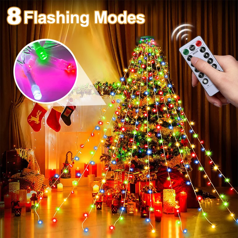 Solar Christmas Tree Lights String Outdoor/Indoor Star Waterfall Lights 8 Modes for Party Halloween Christmas Festive Decorator