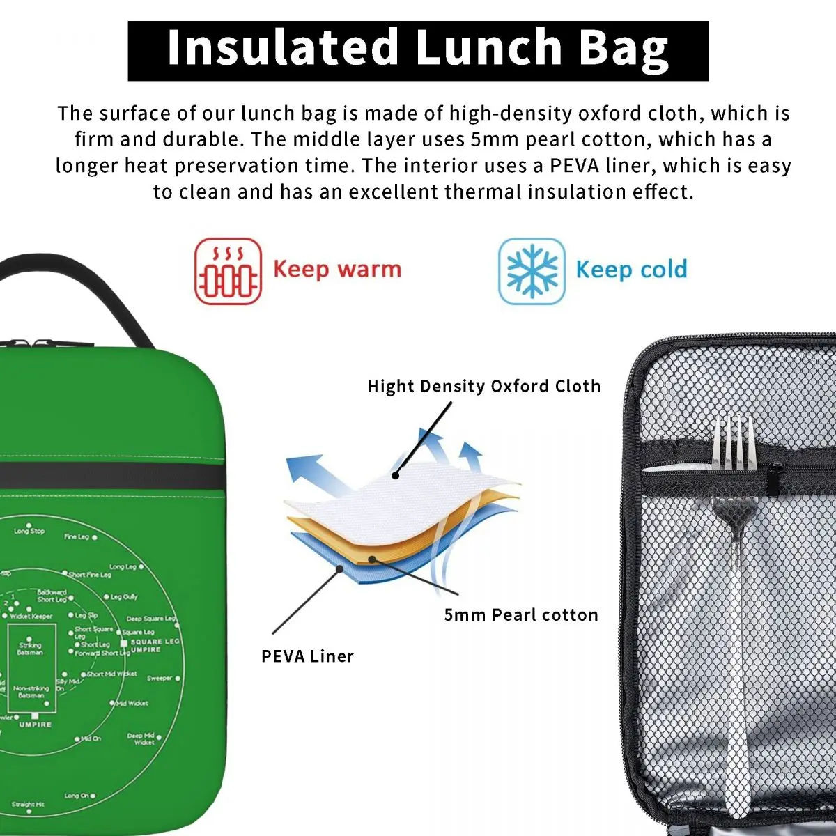 Cricket Pitch Positions- Fielding Positions Diagram Insulated Lunch Bag Children Portable Food Boxes Thermal Lunch Box Tote