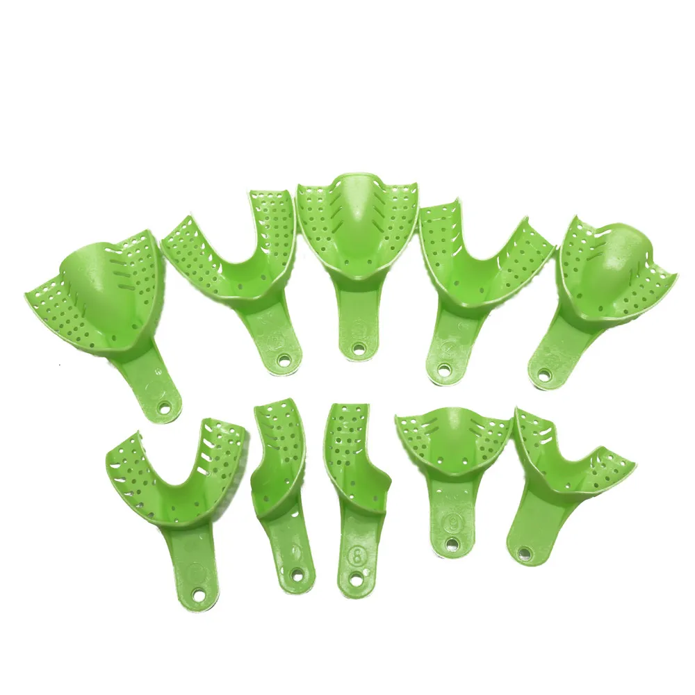 

10 шт./компл., автоклавируемые пластиковые слепочные лотки для стоматологической лаборатории, полноразмерные зеленые стерилизованные лабораторные инструменты, принадлежности для стоматолога