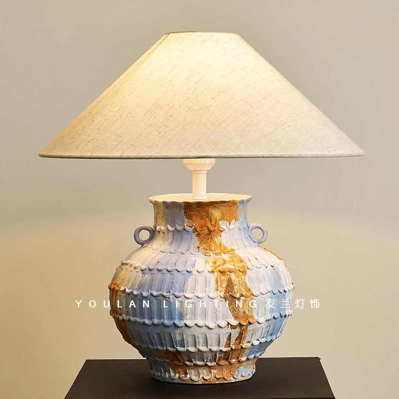 Linen fabric bedroom bedside lamp, living room, B & B wabi sandy wind pottery pot new Chinese retro art desk lamp