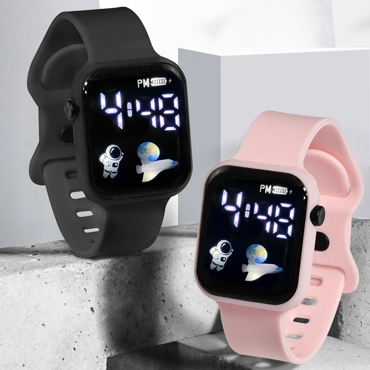 Two Sets of Kids Digital Smartwatches Astronaut Color Week Display Student Electronic Watch Daily Life Children's Gifts