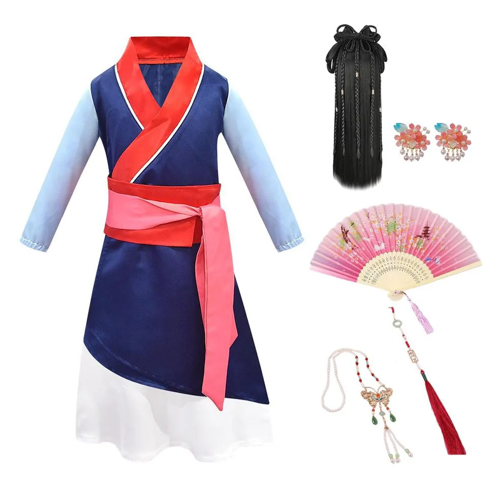 Mulan-Kostüm für Mädchen, Helden-Halloween-Cosplay-Kostüm, Kinder-Langarm-Zweiteiler, Drama-Kostüm im Chinesischen Stil