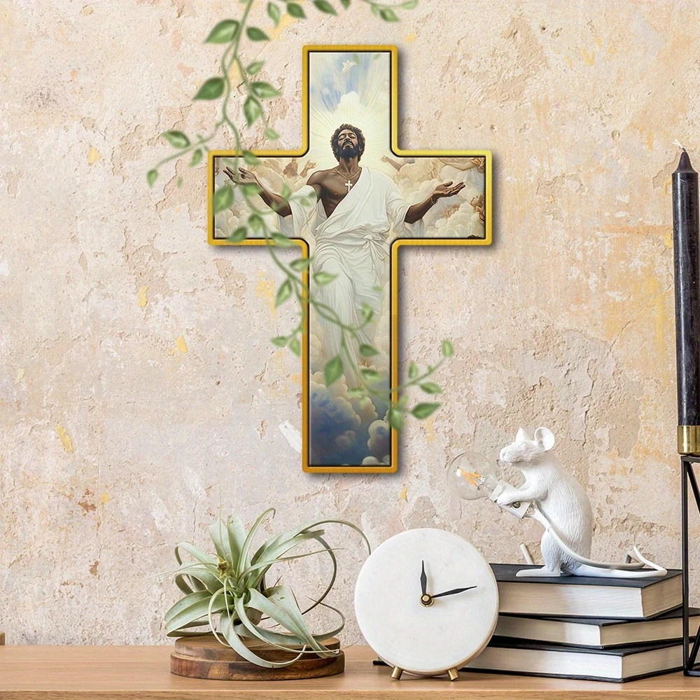 30 سنتيمتر شقة 2D الصليب الخشبي يسوع المسيحية المؤمن الأسرة ديكورا الكنيسة حفلة اللون لوحة خشبية المحمولة قلادة صور الدعامة