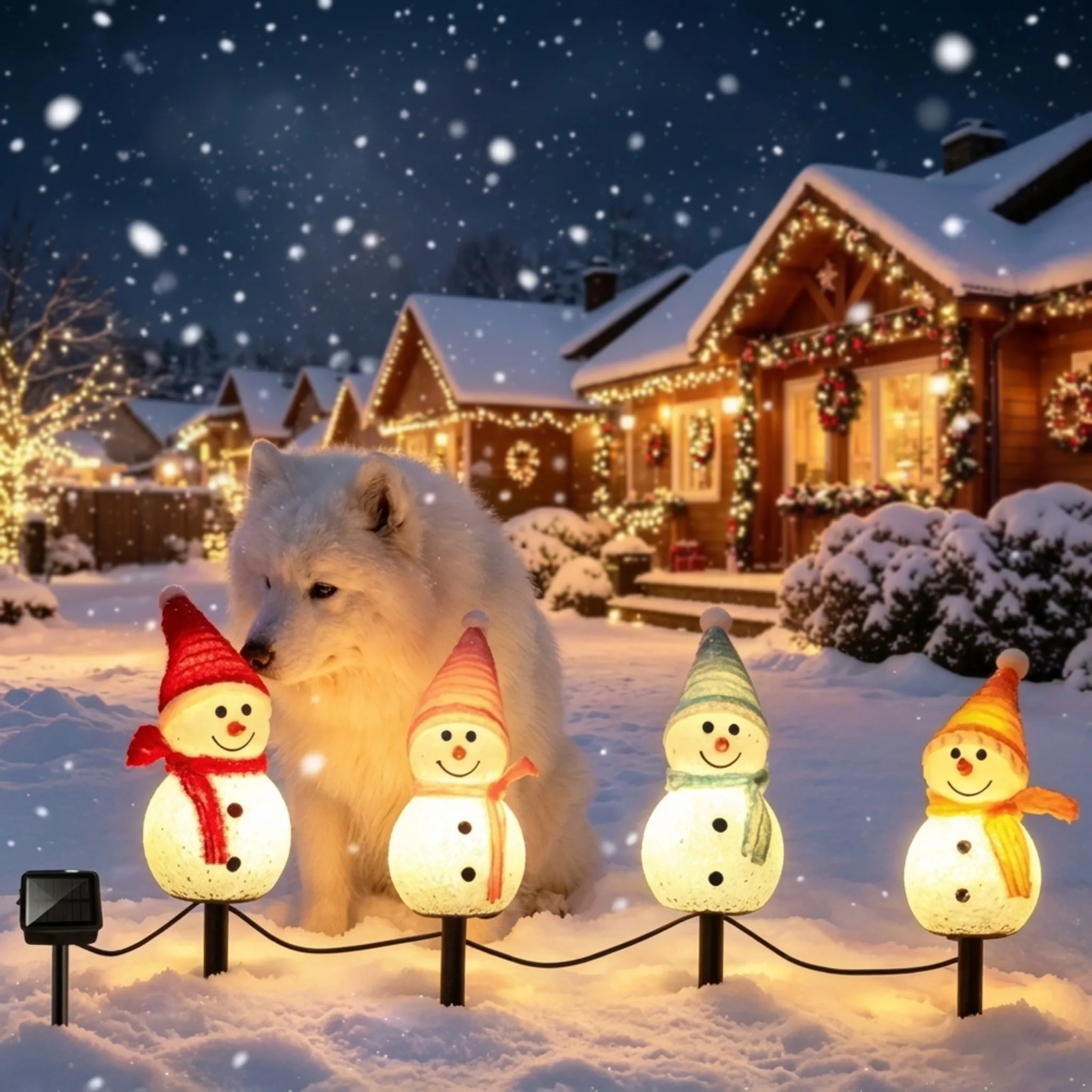 1 Set 4 Pcs Solar Snowman Pathway Stake Lights, LED Warm Light Glowing Snow Figurine Lamp with Colorful Knit Hat & Scarf, IP44 W
