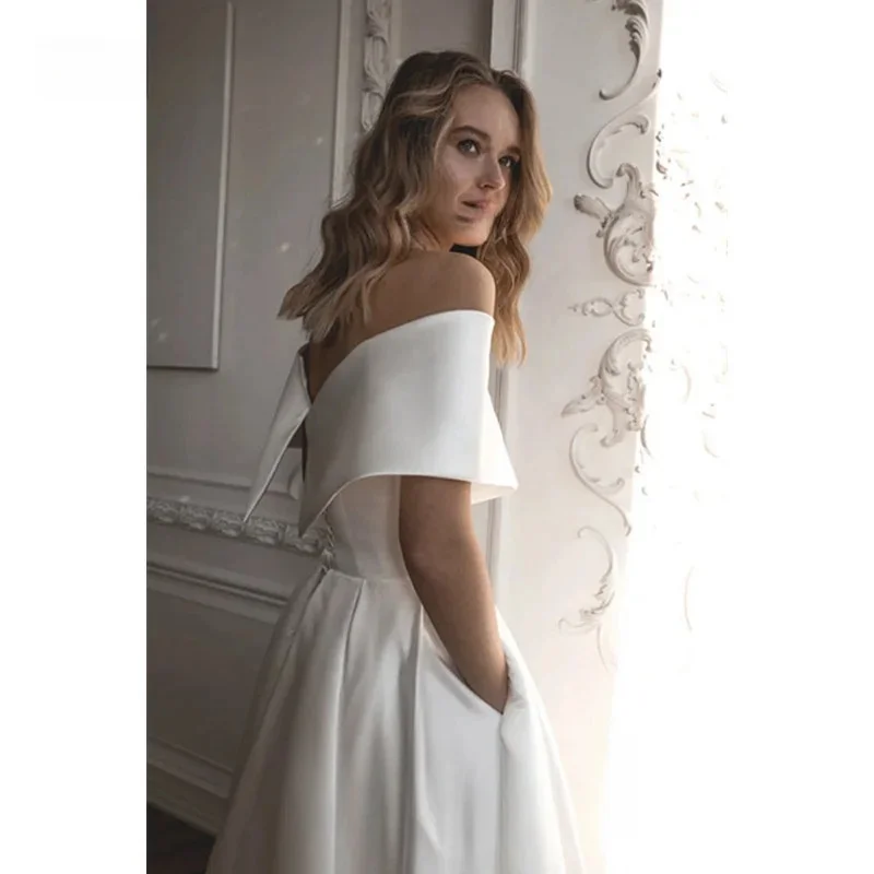 Boho vestido de casamento com Backless A-Line, personalizado para medir, vestido sem alças, simples fora do ombro, liso e sem encosto