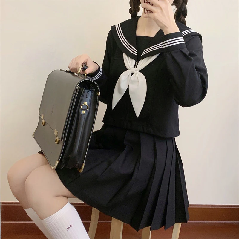 Mulheres Uniformes Escolares Japoneses, Estudante Meninas Marinha Traje, Sexy Preto JK Terno, Sailor Blusa, Plissado Saia Bonito Set, Estilo S-2XL