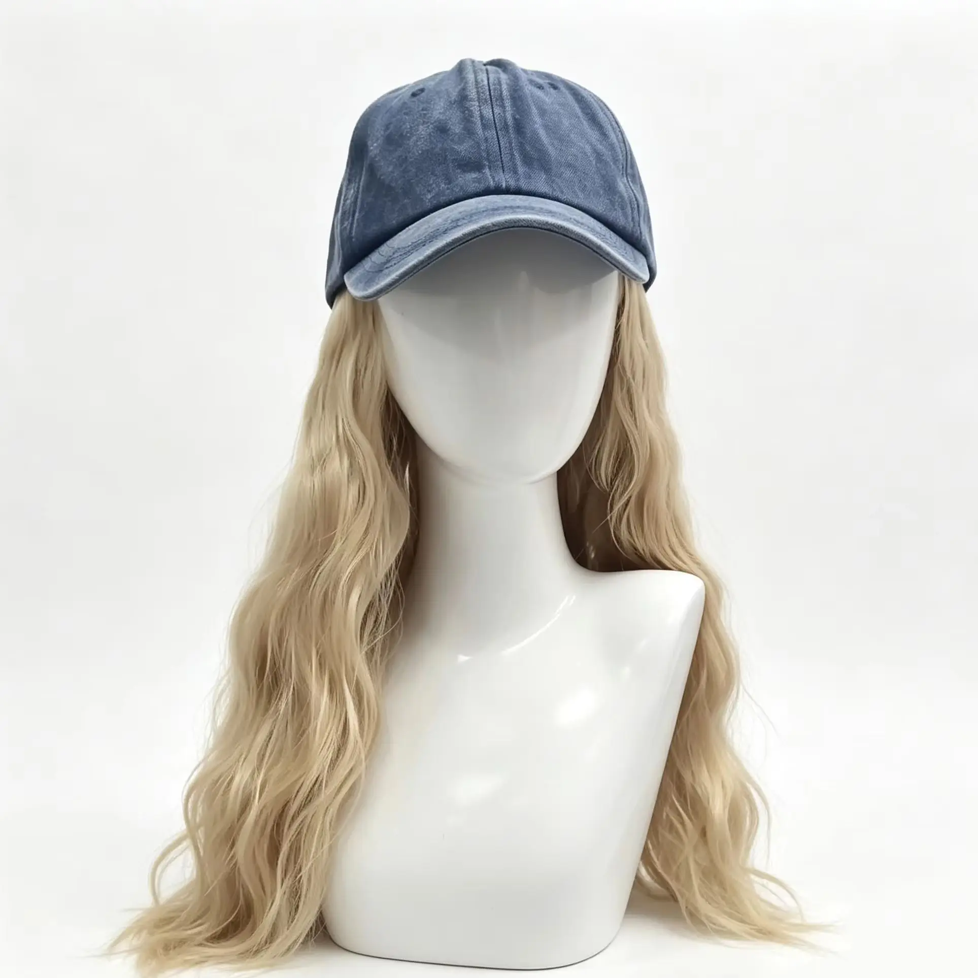 Anxin Brand Synthetic Fiber Wig: Denim Baseball Cap + Long Golden Curly Hair with Big Waves, Women's Daily Fashion Casual Style, European and American Style, Carnival, Halloween, Music Festival Hat Synthetic Wig view 3