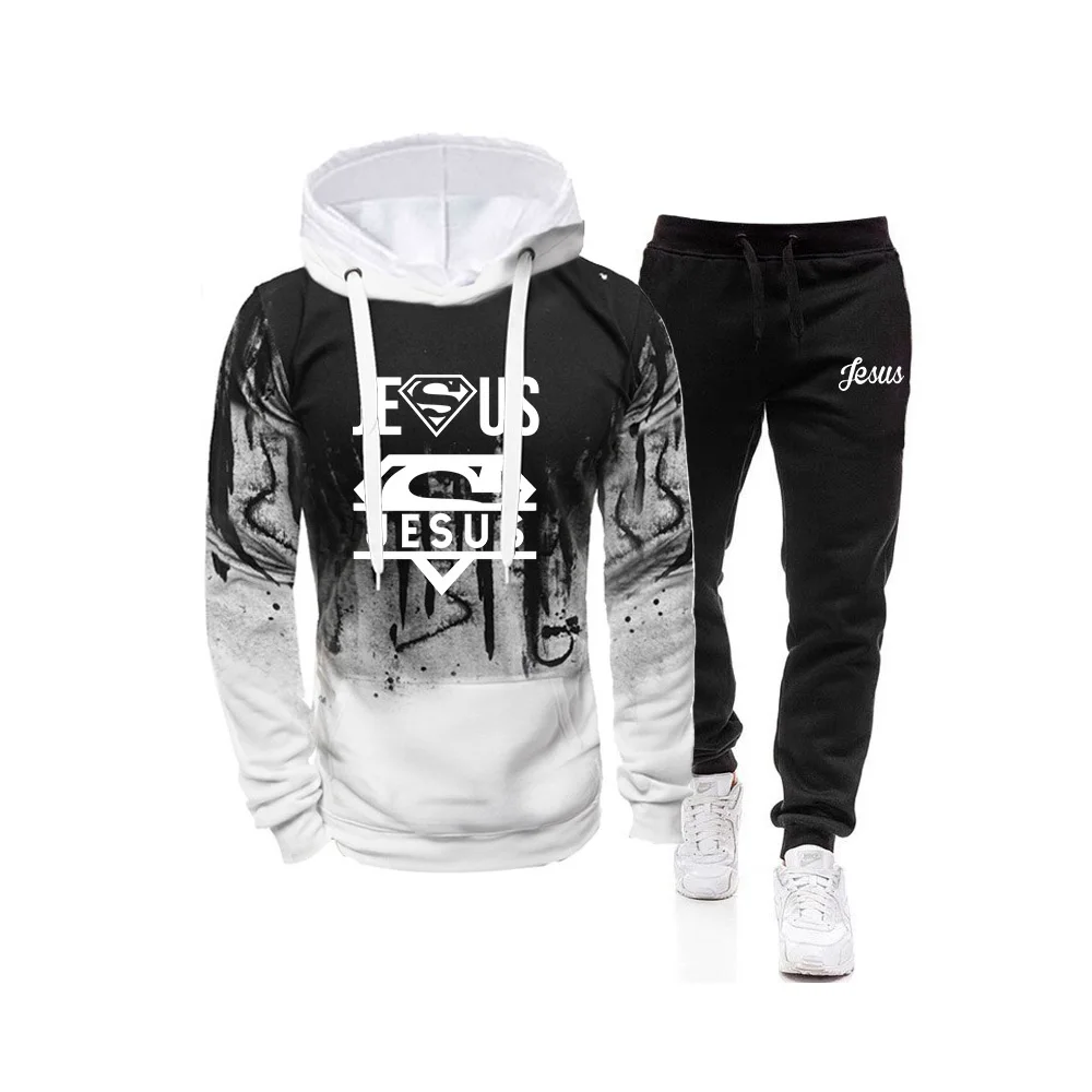 Different Color Tracksuit Men Splashing Designed Hoodie with Sweatpants Long Sleeve Casual Sportswear 2 Pieces Set Gym Outfits