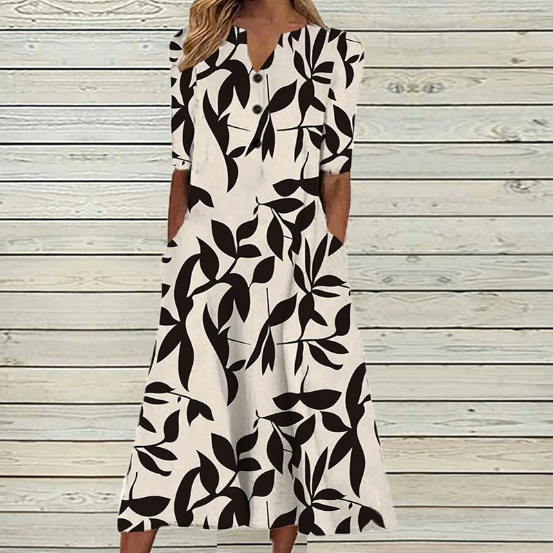 Sommer Maxi Kleid Frauen Vintage Gedruckt Sommerkleid Beiläufige Lose Kurzarm V-ausschnitt Vestidos Strand Urlaub Robe Langes Kleid Boho