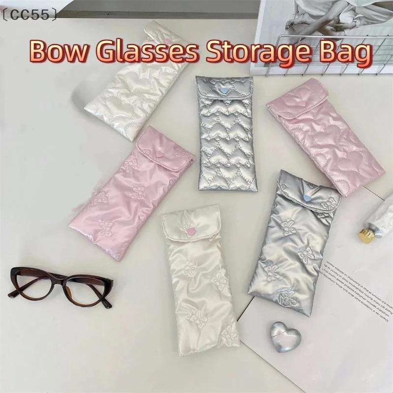 [-CC55] حقيبة نظارة بفيونكة منقوشة على شكل قلب من جلد البولي يوريثان مع فيونكة على شكل قلب أنماط نظارات حافظة على شكل فيونكة ملحقات النظارات