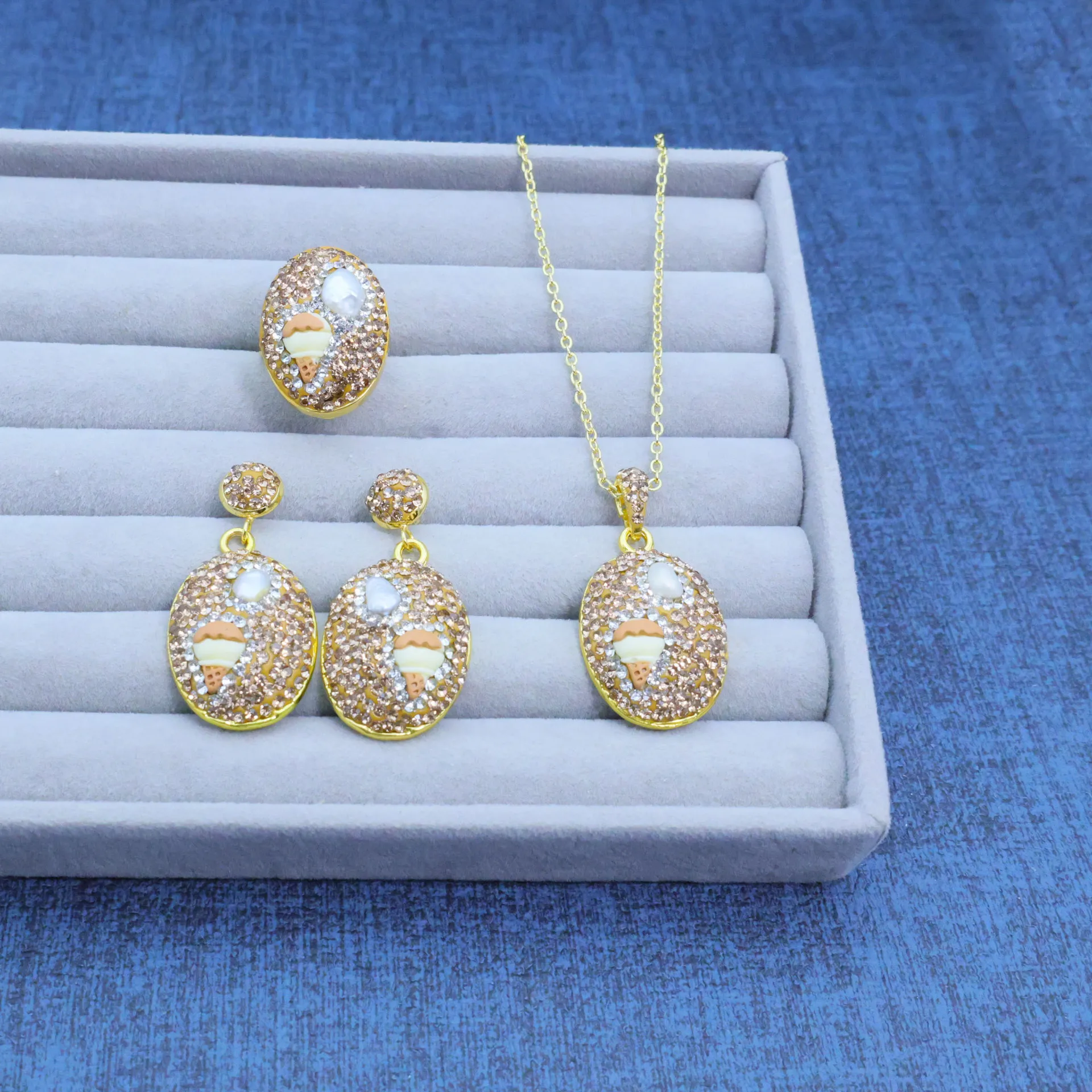 DIY accessories Cross-border new natural pearl cute sweet ice cream citrine jewelry DIY three-piece set earrings necklace ring h