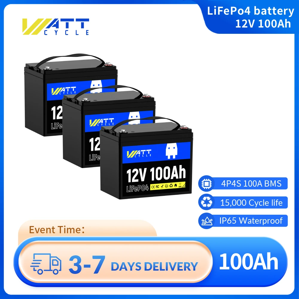 

Wattcycle 3 PACK 12V 100Ah LiFePO4 Battery Versatile Series or Parallel 15000 Cycles Power Solution for Home Energy Storage