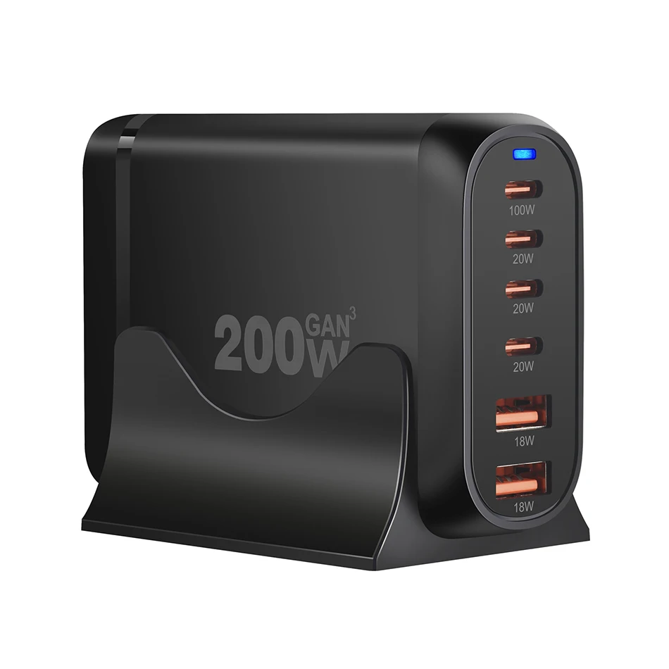 Pengisi daya 200W GaN, stasiun pengisian cepat Desktop 6-Port, pengisi daya Laptop USB C 100W untuk MacBook Pro iPhone 15/14/13 Samsung Galaxy